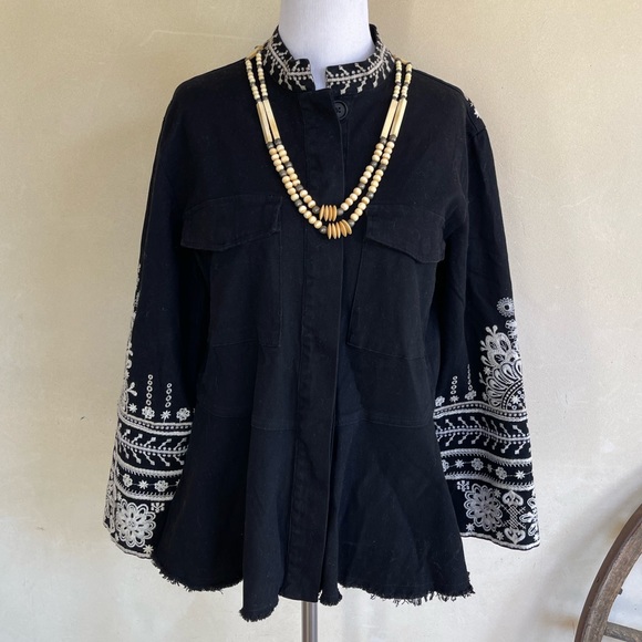 JOHNNY Was Embroidered Black Linen Style Full Button Front Jacket Woman’s M NWOT - Picture 12 of 12